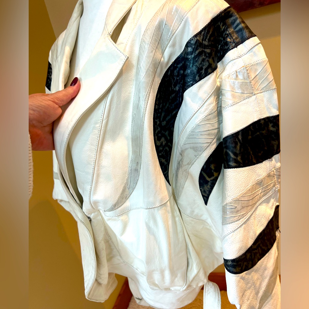 Hot Mafia Wife Karen 1980’s White Leather Zebra Jacket Tri-Color Stitched